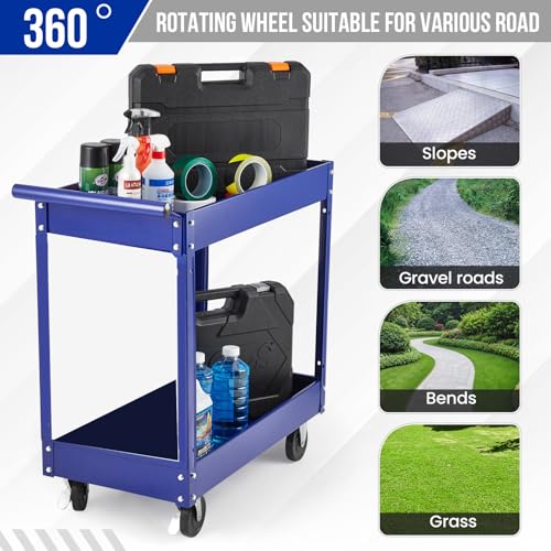 2 Tier Metal Utility Cart,330 Lbs Metal Heavy Duty Utility Cart On Wheels,2 Shelf Steel Rolling Tool Cart, Tool Storage Organizer for Mechanic, Garage, Workshop, Warehouse & Repair Shop