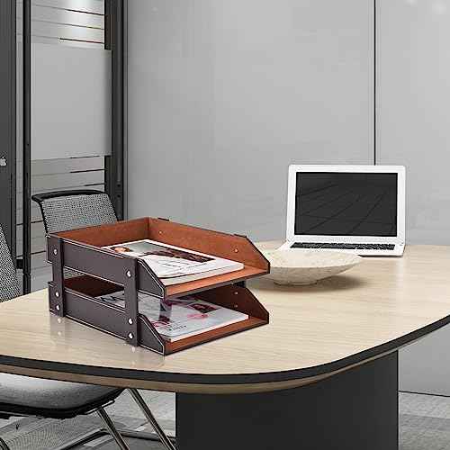 Leather Desk Organizer,2-Tier Stackable Letter Tray Holder,Office Supplies Desktop Storage Box for Document,Stationery,Magazines,Newspapers,Letters and Other Home Office Paper Sundries,Coffee