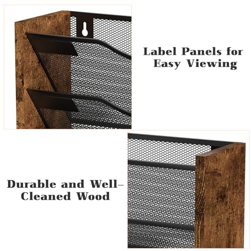 Koozuuyk 5-Tier Ironwood Wall-Mounted File Organizer with 5 Pockets, Mesh Mail and Document Holder, Black