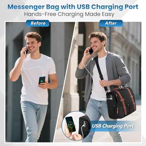 MATEIN Messenger Bag with USB Charging Port, 15.6 inch Laptop Bags Large Mens Briefcase with Shoulder Strap, Water Resistant Crossbody Satchel Work Computer Case for College Office Commuting, Black