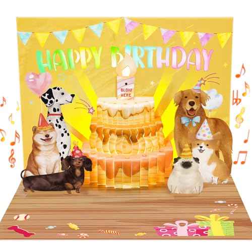 Birthday Cards, Dog Funny Blowable Candle Pop up Greeting Card with Lights Music, Birthday Gifts for Women Men Dog Lover Mom or Dad