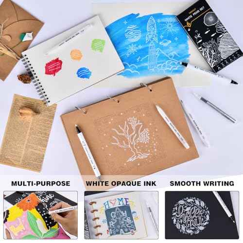 HNIHUY White Ink Pens, Fine Point White Gel Pens, Brush Tip Acrylic Markers, Dual-Tip Opaque Paint Pens for Black Paper Drawing, Sketching, Illustration, Card Making, 6 Pack