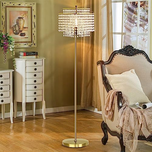 Luvkczc Gold Crystal Floor Lamp, 64" Tall Elegant Standing Lamp with On-Off Foot Switch, Double-Layer Lampshade, Standing Floor Lamps for Living Room, Bedroom, Office, 8W LED Bulb Included