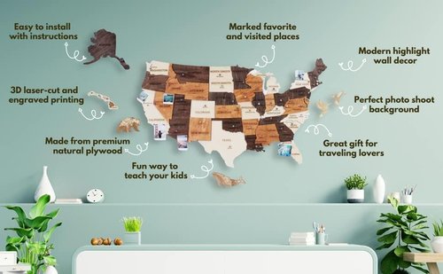 Jabihome 3D Wooden USA Map Wall Art - Unique Push Pin Design for Travel Lovers | Large Size 60"L x 37.5"W