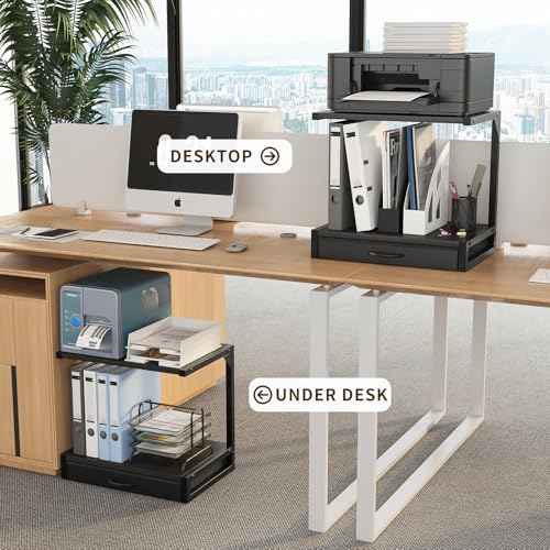 2-Tier Desktop Printer Stand and Storage Shelf, Home Office Desk with Fabric Drawer, Organizer for 3D Printer, Fax Machine, Scanner, Compact Size 17.3"x11.8" Printer Stand for Desk, Black