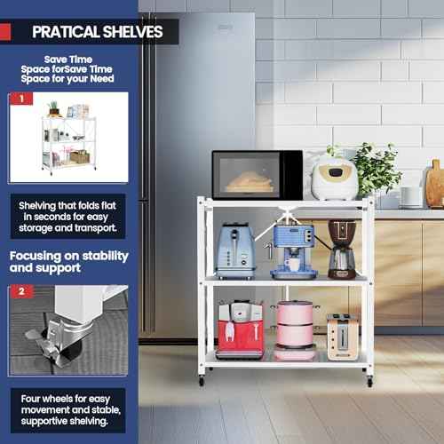 Foldable Storage Shelf with Wheels - Metal Collapsible Shelving Unit Display, Rolling Cart for Books Kitchen Storage Shelves, Pantry & Closet Organizer, Office Room Decor