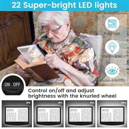 Rechargeable 5X Magnifying Glass for Reading, Large Bright Full Page Magnifier with Light, Handheld LED Dimmable Lighted, Lightweight Book Magnifier for Reading Small Prints Seniors Low Vision