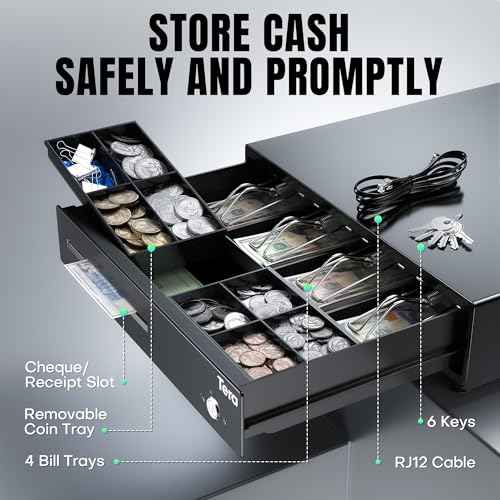 Tera 13 inch Auto Open Cash Register Drawer with 6 Keys Heavy Duty 4 Bill 8 Coin Removable Cash Tray Media Slot 24V RJ12 Key-Lock Round Corner for POS System Small Businesses Retail 330E
