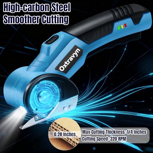 Electric Scissors, Box Cutter, Cardboard Cutter, Cordless Electric Scissors, 320RPM Rotary Cutter, 3000mAh Battery, LED Light, 2 Blades, Electric Box Cutter for Fabric Carpet Carton Plastic Leather