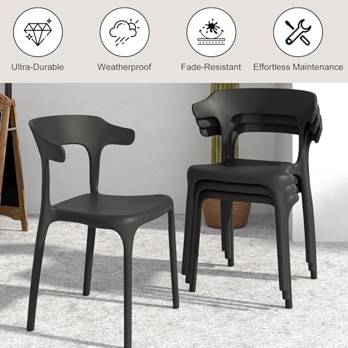 VECELO 4-Pack Stackable Plastic Dining Chairs, Black — No Assembly, Indoor/Outdoor