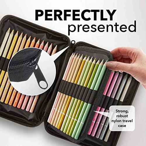 Castle Art Supplies 48 Pasteltint Coloured Pencils Set with Extras | Quality Colours in Softer, Sumptuous Tones | For Professional and Adult Artists | In Neat, Strong, Zipper Travel Case