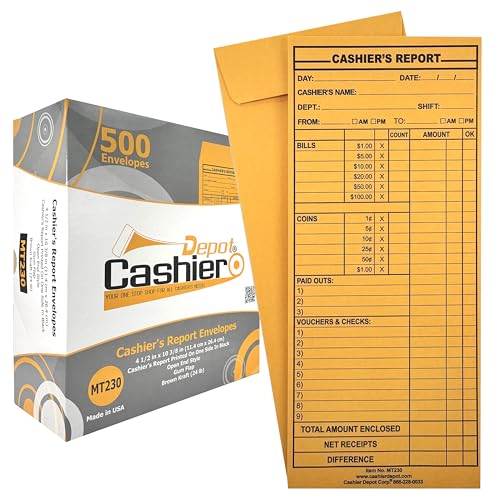 500 Cashier Report Envelopes - 4.5 x 10.38 in Brown Kraft, Sturdy 24lb, Gum Flap