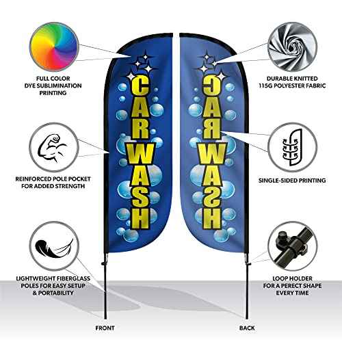 LookOurWay Feather Flag Car Wash Themed Complete Set with Poles and X-Stand Base, 5-Feet
