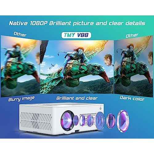 TMY Projector with WiFi and Bluetooth¡¼80" screen included¡½Native 1080P Outdoor Projector, 4K Supported Portable Projector, Compatible with iOS/Android/PC/TV Stick/HDMI/USB, Indoor Outdoor Use