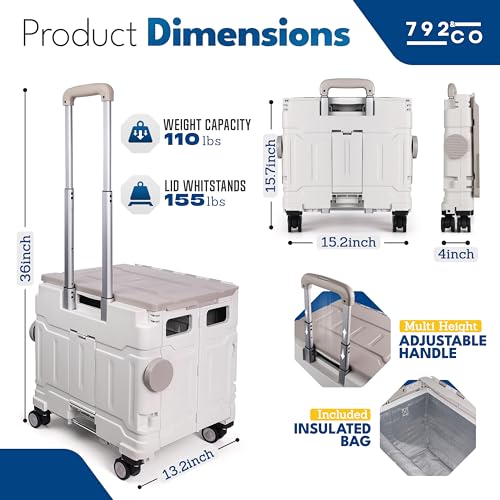 792 & CO Foldable Rolling Crate with wheels for Teachers - Rolling Cart with Wheels & Bonus Insulated Bag - Collapsible Folding Utility Cart for Grocery Shopping & Supplies - Quick Mobile Teacher Cart