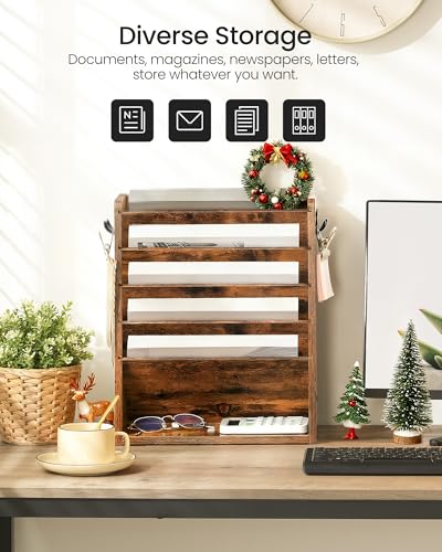 Rustic Brown 6-Tier Wall File Organizer with Side Hooks - Vintage Desk Storage