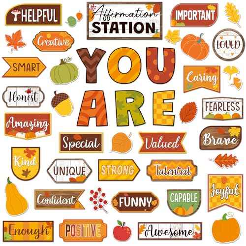 45 Pcs Fall Thanksgiving Affirmation Station Bulletin Board Set Autumn Motivational Posters Classroom Mirror Growth Mindset Decor Positive Accents Cutouts for School Office Home Teacher Wall