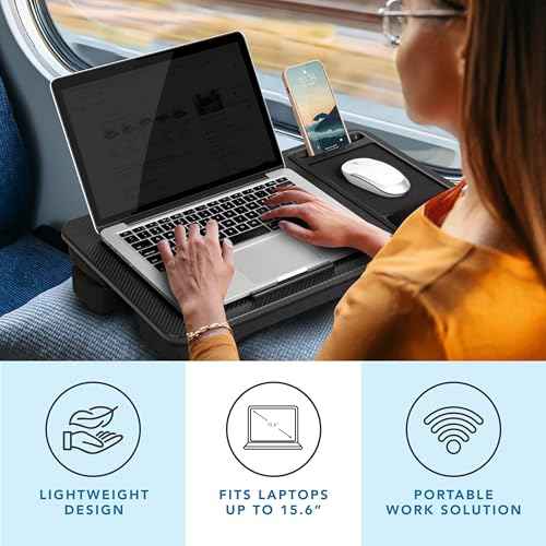 LAPGEAR Large Adjustable Lap Desk with Memory Foam Wrist Rest, Mouse Pad, Phone Holder, Device Ledge, and Booster Cushion - Black Carbon - Fits up to 15.6 Inch Laptops - Style No. 88008