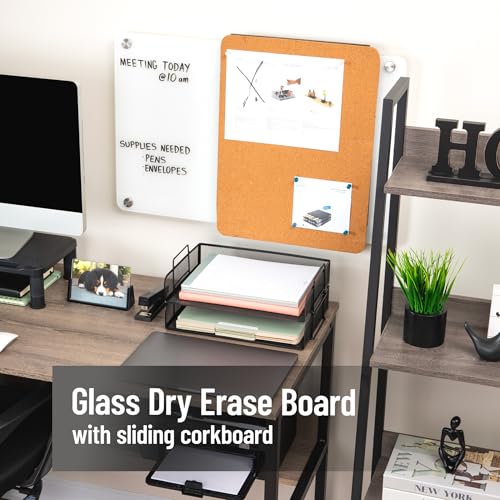 Mind Reader Glass Dry Erase Board with Sliding Corkboard 28x19.5" - Wall Mount Combo