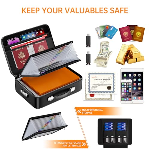BALAPERI Fireproof File Organizer with Fireproof Zipper,Fireproof Document Box Hard Case with Lock,Portable Document Safe for Important Document Laptop Valuables(Black,15.8"x4.8"x12.6")