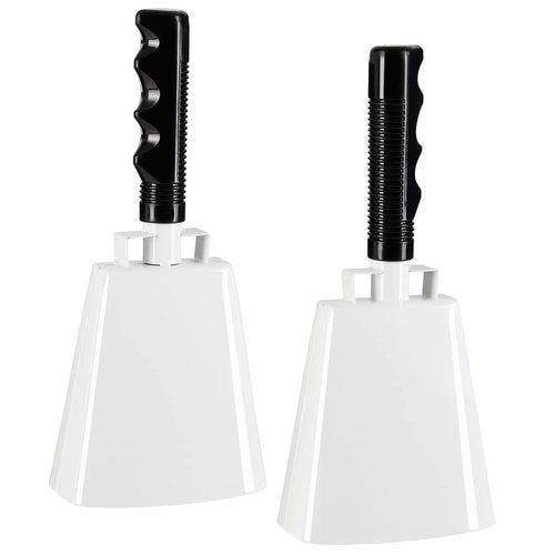 BLUE PANDA 2 Pack Cow Bells - Cowbells for Sporting Events - Percussion Noise Makers with Handle for Football Games, Stadiums (White Cowbell) 9.5-inch Cow Bell