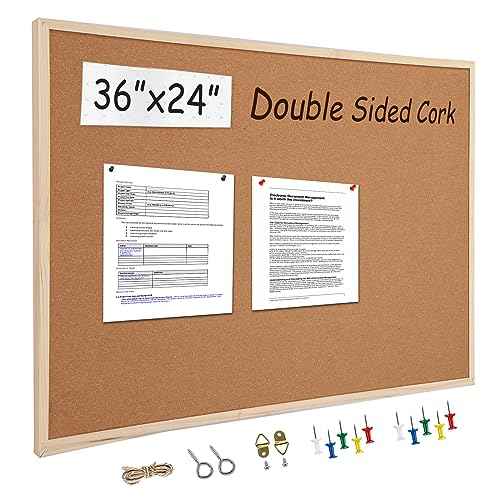 24¡± x 36¡± Cork Boards for Walls with Wooden Frame 1pack, Double Sided Office Board for Wall Organizer, Bulletins Board Decorative Hanging Pin Board for School, Home & Office, Notice Board Memo Board
