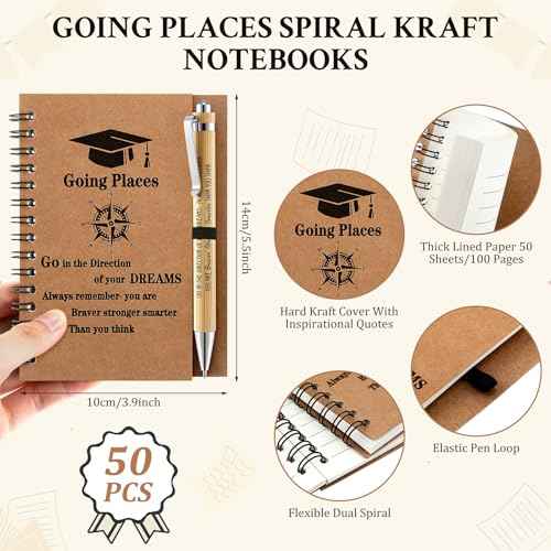 Gueevin 50 Set 2025 Inspirational Graduation Gift Bulk Spiral Kraft Notebooks Bamboo Ballpoint Pens Keychains for College Graduate Teacher Student Employee Coworker Appreciation Gift