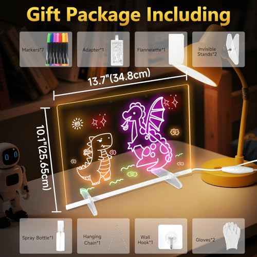 Lumiboard Led Drawing Board,13.7"x10" LED Note Board with 7 Colors, Acrylic Dry Erase Board with Adapter, Stand, 7 Markers & Spray Bottle, Hanging Chain, Halloween Christmas Holiday Gifts for Kids