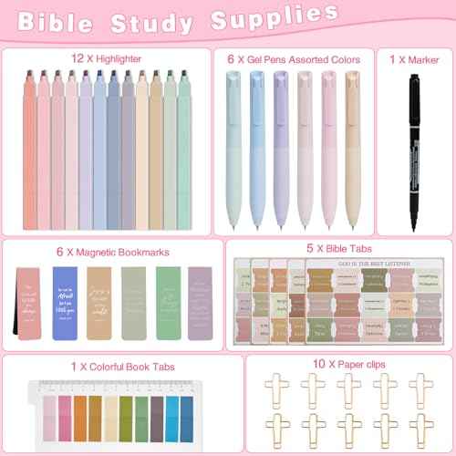 Bible Study Supplies [41 PCS] for Women - Bible Journaling Kit with No Bleed Highlighters & Pens, Bible Tabs Set and Bible Verse Gifts for Scripture Study