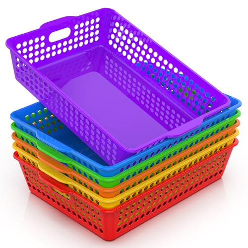 6 Pack Plastic Classroom Storage Baskets, Paper Trays for Classroom Organization & Turn in Trays for Teachers, Students, Desk Organizer Bin 13.8x10.6x3.1 Inch (Rainbow)