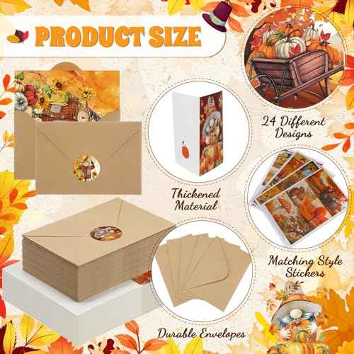 Tenceur 240 Sets Thanksgiving Cards with Envelopes Set Turkey Maple Leaf Happy Thanksgiving Greeting Card Bulk Happy Holiday Postcards for Fall Season Gift Autumn Party Favors, 24 Designs