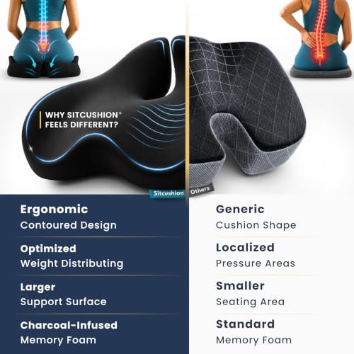 SitCushion Black Office Chair Cushion for Back & Tailbone Pain Relief - Large Memory Foam Sciatica Pillow