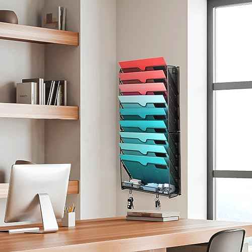 GALASALA Wall File Organizer, 10 Pockets Mesh Hanging File Organizer, Wall Mount File Holder With Hooks, Wall Organizer Magazine Rack for Office Supplies, Black
