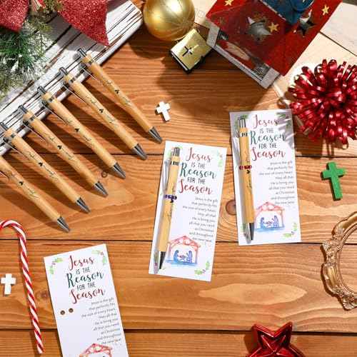 60 Sets Christmas Christian Gifts Jesus Loves You Bamboo Christian Pens Retractable Bible Verse Pens Bulk with Religious Christmas Cards Church Gifts for School Women Men