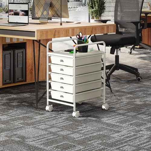5-Tier Rolling Cart with 5 Drawers, Rolling Utility Cart with 2 Lockable Caster Wheels, Multipurpose Mobile Rolling Storage Drawer Cart for Office Bathroom Kitchen, Ivory White