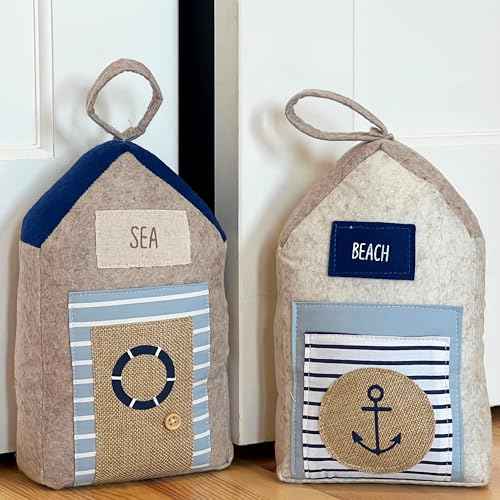Coastal Cabana Soft Door Stops, Jute, Cotton, Loop Tops, Weighted, 11.75 Inches, House Shaped with Anchor and Lifesaver Fabric Embellishments