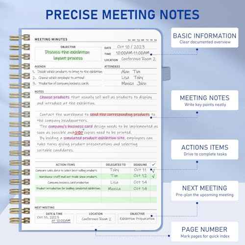 WEMATE 5 Pack Meeting Notebooks for Work£¨7"x10"£© 200 Pages, PU Leather Notebook with Action Items & Note, For Staff & Students, Meeting, Projects Planning- Light Purple, Blue, Rose Gold, Green, Black