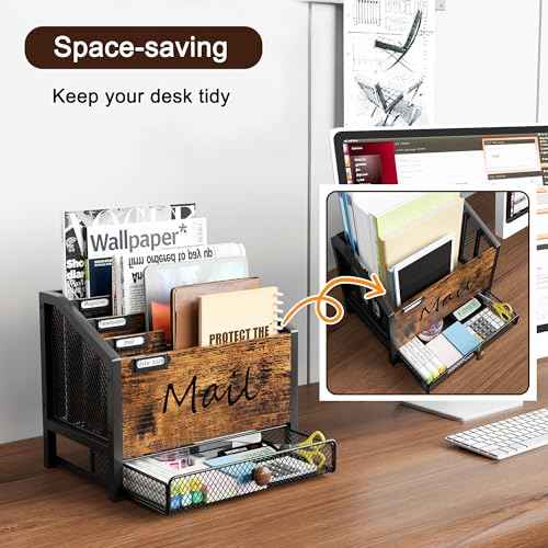 Mail Organizer - 4 Slots Wooden Desk Organizer with Mesh Drawer, Countertop Mail Receipt Business Card Holder, Vertical File Sorter Letter Tray, Black/Antique