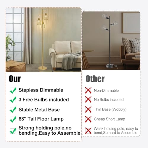 Industrial Floor Lamp 68'' - 3-Light Gold Dimmable Rustic Floor Lamp with Sturdy Pole & Heavy Base, 800 Lumens LED Bulbs Lamp for Living Room, Bedroom, Office Decor