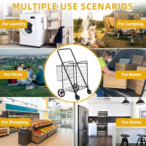 DWVO Jumbo Folding Shopping Cart with Wheels, Rolling Foldable Grocery Cart with Double Basket, Portable Collapsible Utility Cart for Shopping Groceries Laundry Storage Organizer