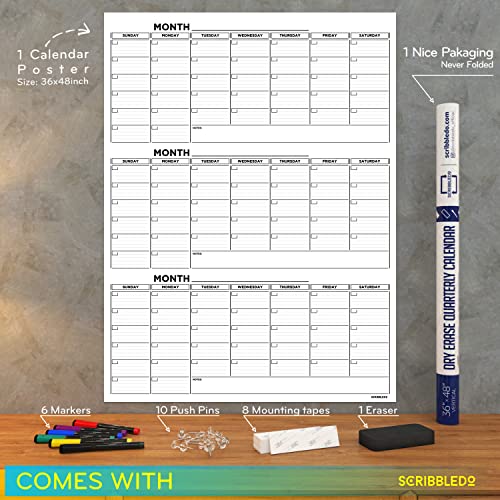 Large 36"x48" Quarterly White Board Calendar Dry Erase Calendar for Wall 3 Month Big Dry Erase Wall Calendar Monthly Dry Erase Board Planner Includes 6 Markers Eraser Push Pins & Mounting Tape