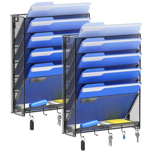OUTWOLF Hanging Wall File Organizer with Hooks, 6 Tier Vertical Wall Mount File Holder, Paper Document Mail Organizer for Office, Pack of 2