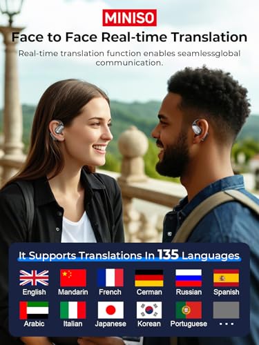 MINISO Black Language Translator Earbuds, Real-Time AI Translation, 135 Languages, Bluetooth 6.0, 60H Playtime, Open-Ear Headphones for Business