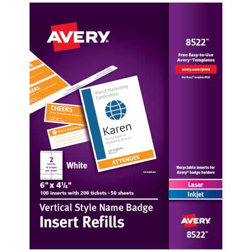 Avery Name Badge Inserts 6 x 4.25 in, 100 White Inserts (Variation: 100 inserts)