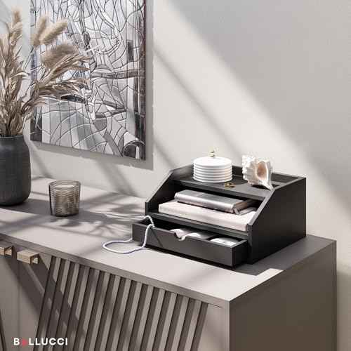 Ballucci Desk Organizer with Drawer, 2 Tier Paper Office Supplies Desk Organizer, 13 2/5" x 9 3/5" x 6", Black