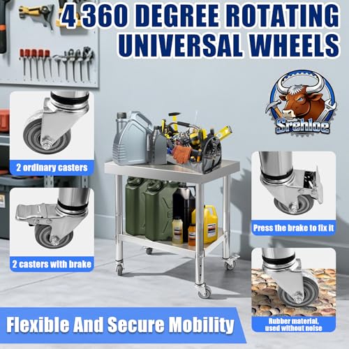 Stainless Steel 30 x 18 x 34 In. Mobile Work Table with 4 Wheels – Adjustable 2-Tier Heavy Duty Prep Station (Srehloe)