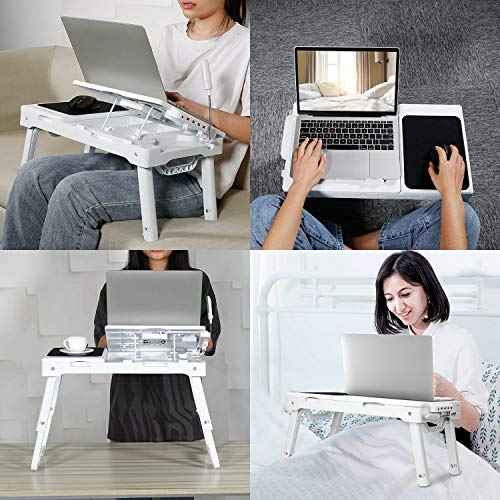 Laptop Table for Bed, Adjustable Laptop Bed Desk with Fan, 4 USB Ports, Portable Lap Desk with Foldable Legs, Laptops Stand for Couch Sofa Bed Tray with LED Light, Storage, Mouse Pad - White