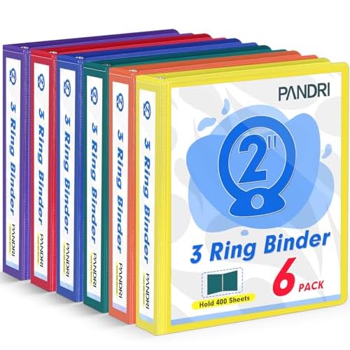 3 Ring Binder 2 Inch, PANDRI 6 Pack 2-Inch Binder Fits Letter Size 8.5'' x 11'' Paper, Versatile Binders for Office Home School, 2 Pockets, Assorted 6 Color
