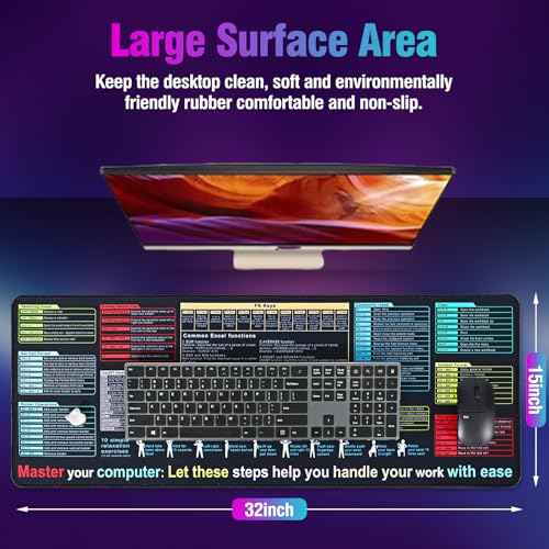 Excel Cheat Sheet Desk Pad Mat (11.8x31.5in) - XL Excel Formulas Shotcuts Mouse Pad Cheat Sheet Excel Function Modules & Waterproof | 3mm Non-Slip Pc Keyboard Cover | Office/Gaming Large XL Mouse Pad