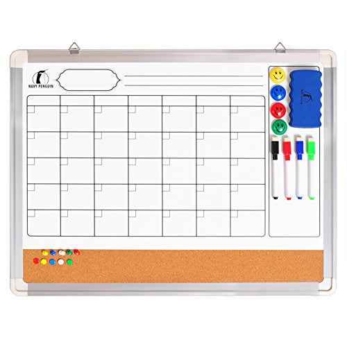 Whiteboard Calendar Dry Erase for Wall - 24 x 18 in White Board Planner Monthly Magnetic with 1 Eraser, 4 Dry Wipe Markers, 4 Magnets and 10 Thumb Tacks - Wall Hanging Marker Board Month Calendar